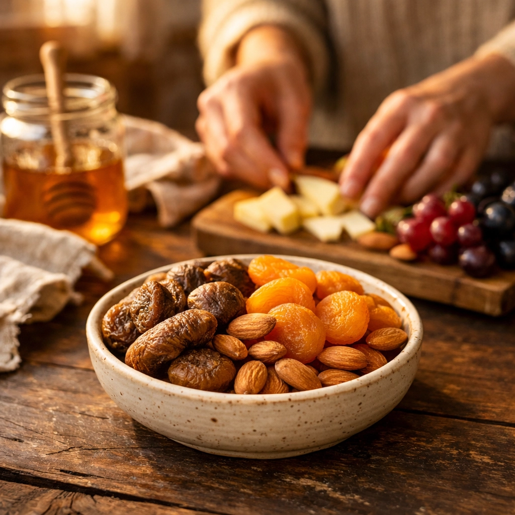 A bowl of dried figs and apricots representing healthy snacking with farm-fresh dry fruits online.