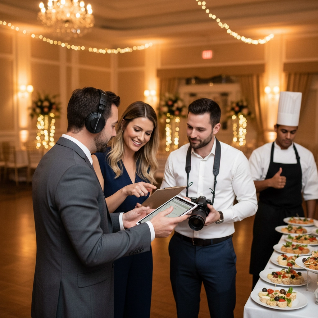 Three people in formal wear discuss a tablet in an elegant venue with chandeliers and string lights. A chef stands nearby, giving a thumbs up.