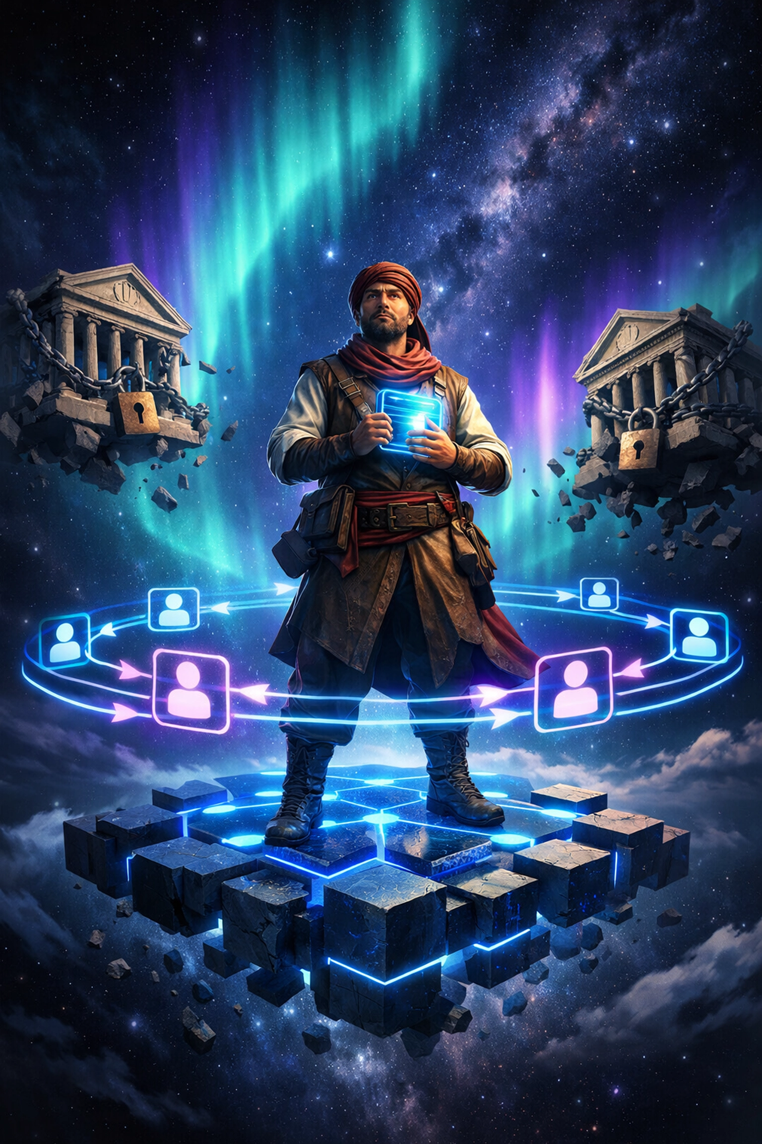 Merchant holding self-custody wallet representing financial sovereignty and decentralized payments