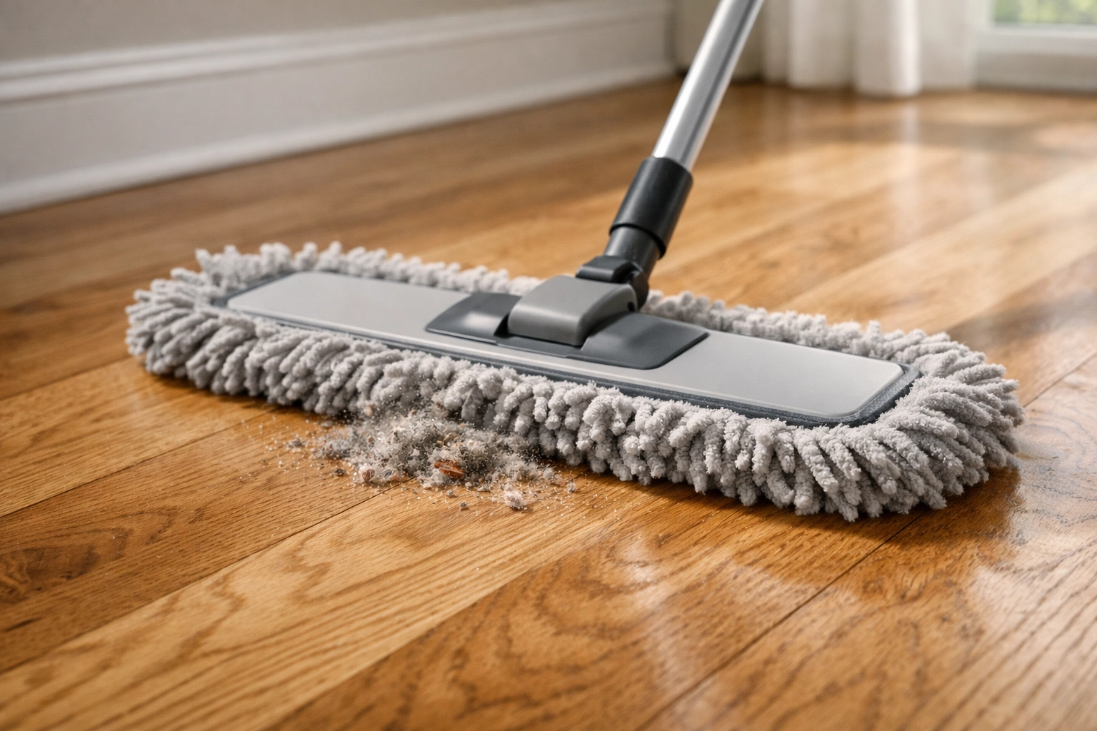 Microfiber mop cleaning natural oak hardwood floor in Chicago home