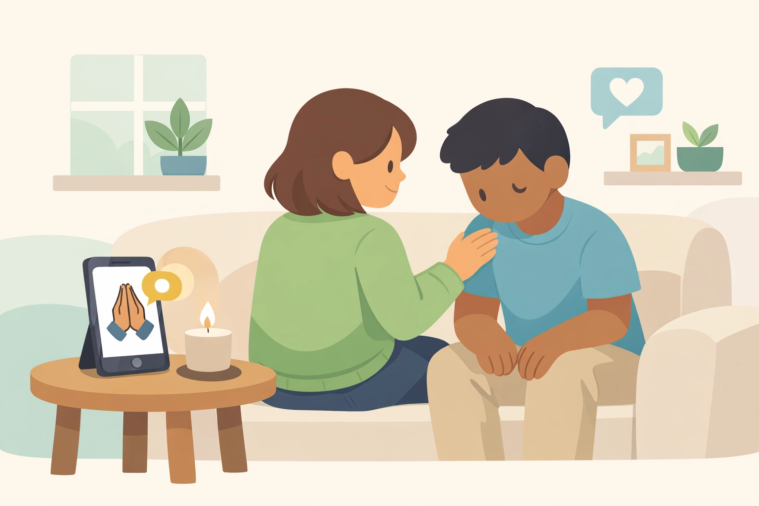 Two friends supporting each other while viewing a prayer request on a phone at church