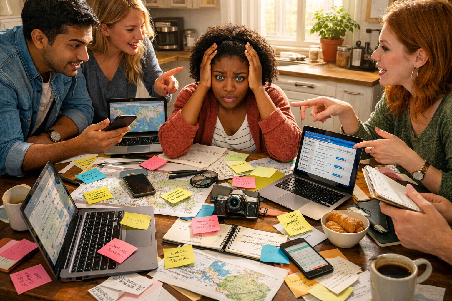 Stressed friends coordinating group trip around messy table with papers and devices