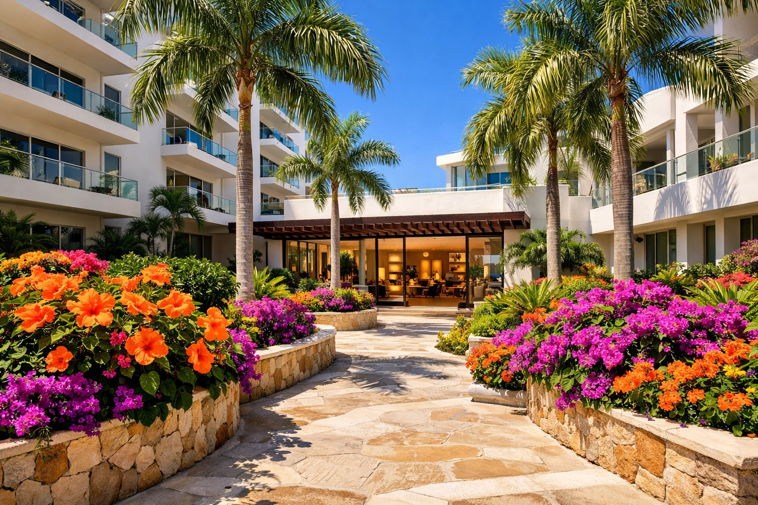 A secure and modern puerto vallarta condo rentals featuring a tropical courtyard and bright lobby.