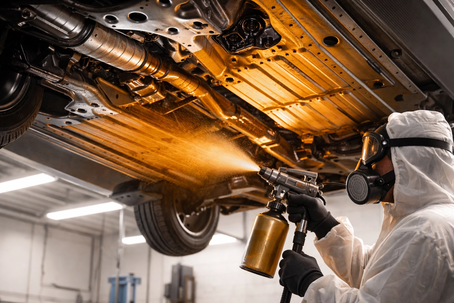 Technician applying rustproofing spray to a clean vehicle undercarriage to prevent salt corrosion