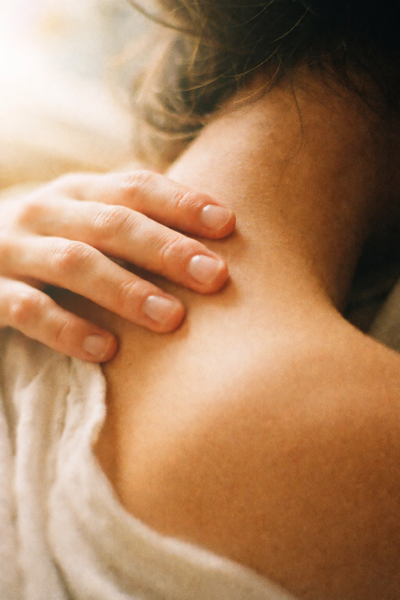 Hand offering gentle aftercare touch to a partner’s shoulder and neck, illustrating compassion and safety after impact play.