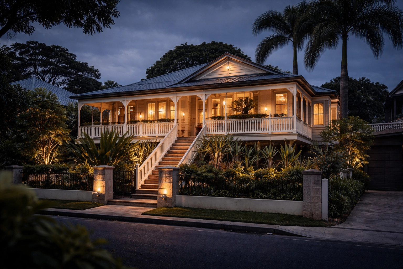 Renovated heritage Queenslander in Paddington at dusk with warm lighting and lush tropical landscaping