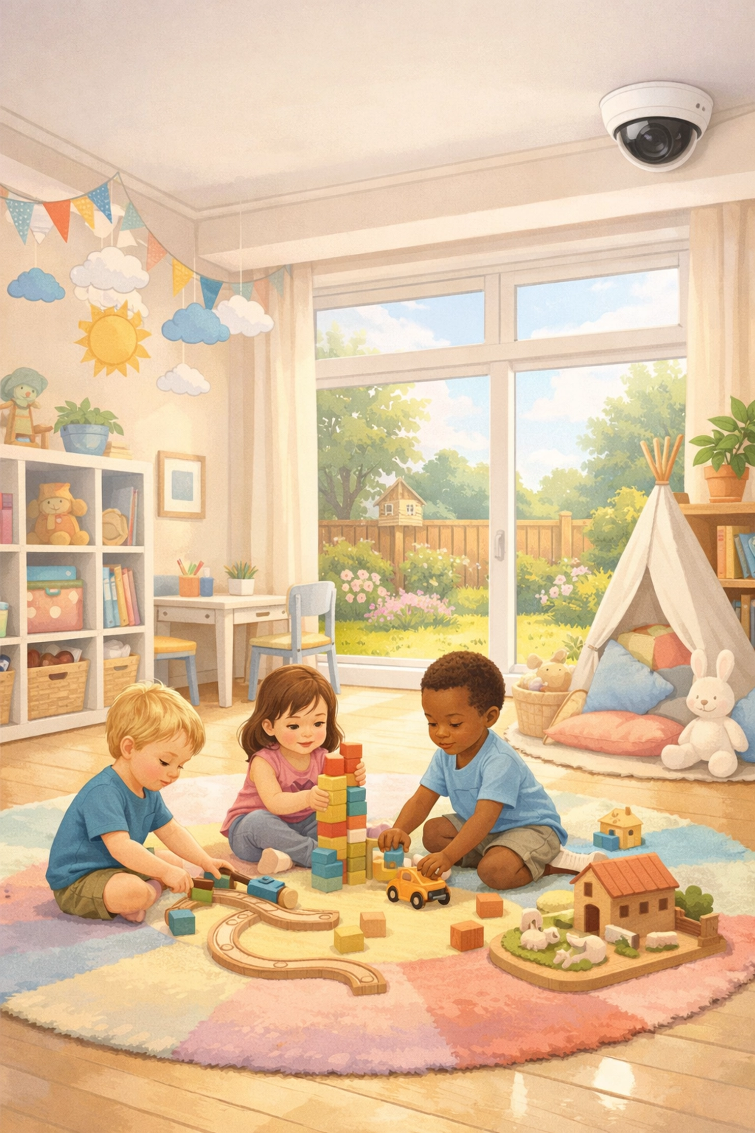 Modern Oxford nursery interior with a discreet dome security camera for child safeguarding.