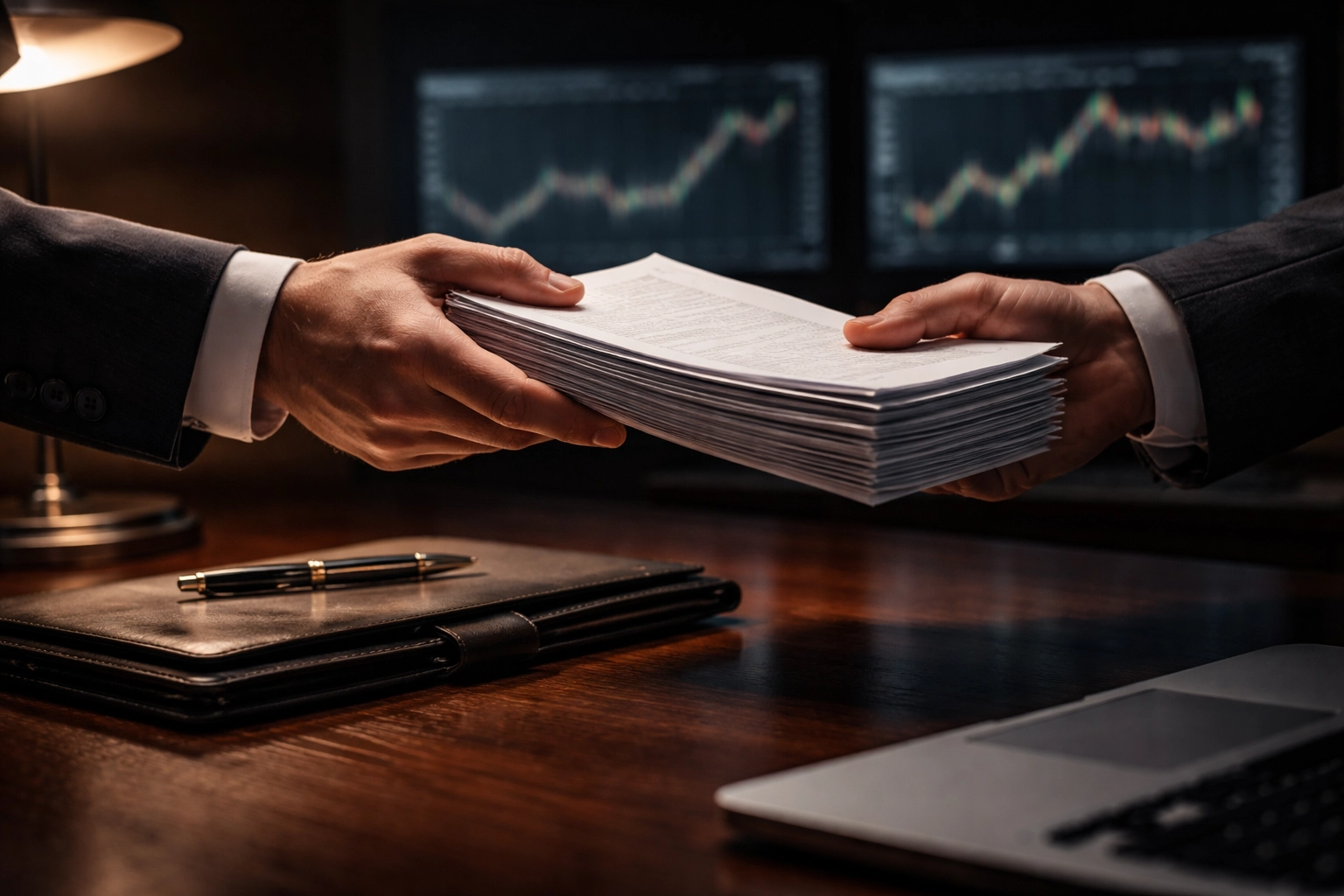 Executives exchanging documents over a desk, representing institutional alternative investment transactions