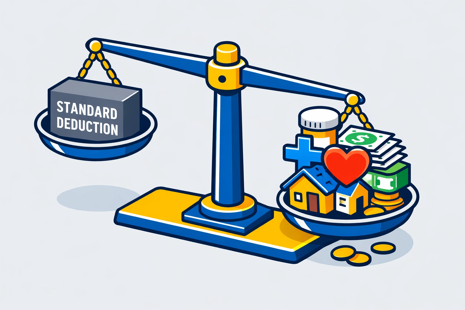 Scale comparing standard deduction vs itemized deductions like mortgage interest to maximize your 2026 tax refund.