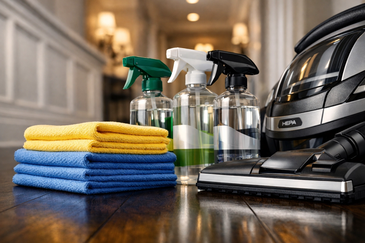 Professional cleaning kit with eco-friendly products for a reliable house cleaning Boxborough service.