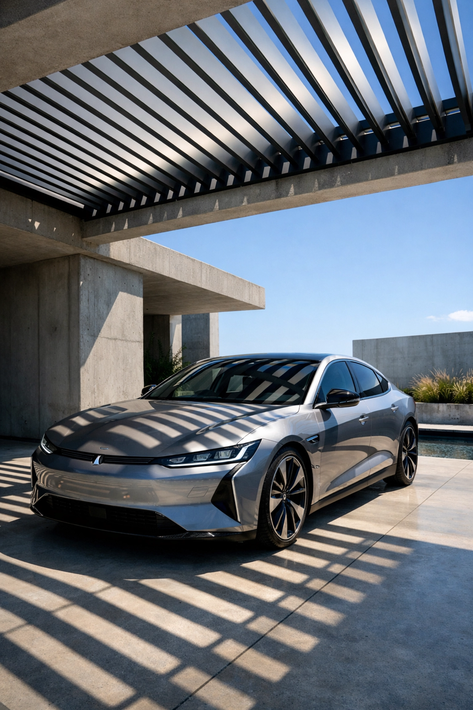 Luxury car parked under an adjustable aluminium louvre carport for sun protection and ventilation.
