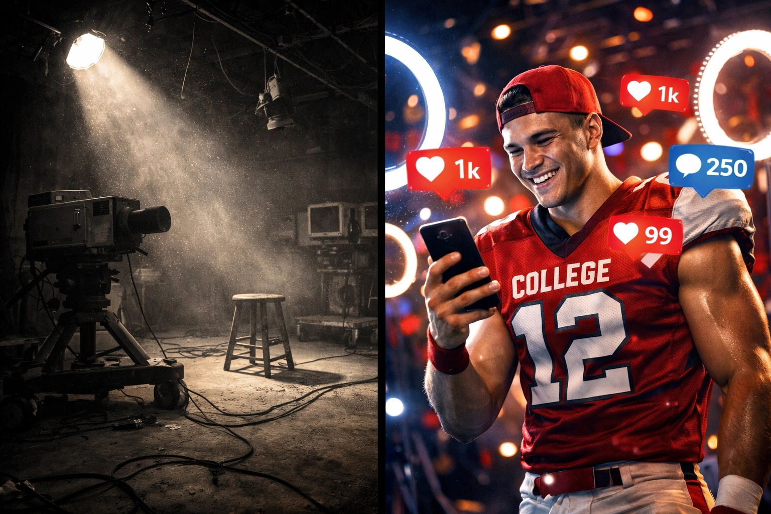 Empty TV studio contrasted with NIL athlete creating social media content on smartphone