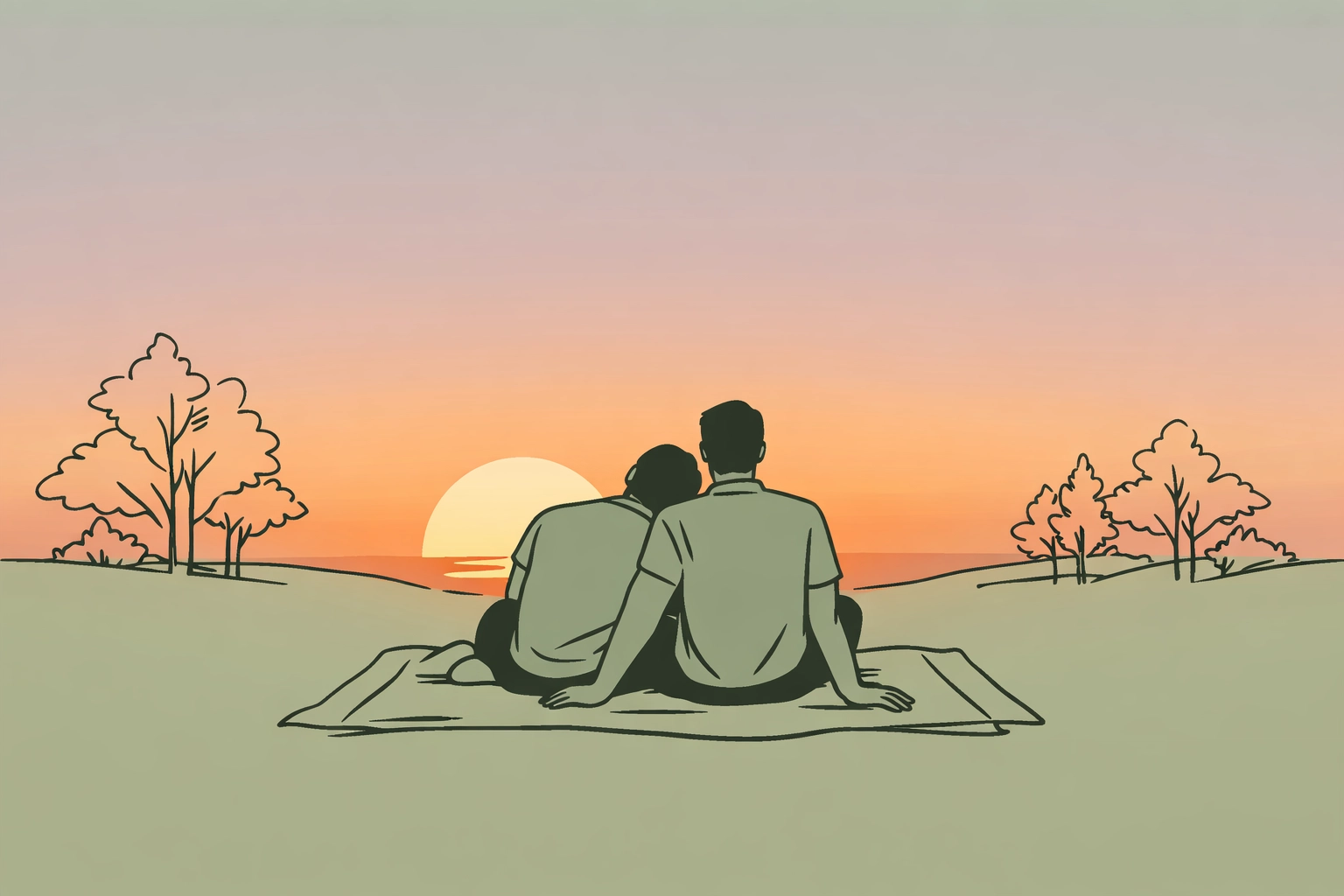 Romantic gay couple at sunset picnic embracing on blanket at golden hour