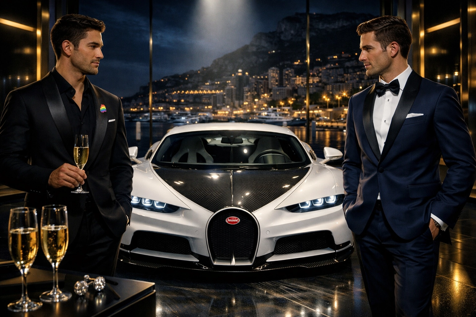 Gay couple meeting at exclusive luxury car showroom with Bugatti supercar and champagne