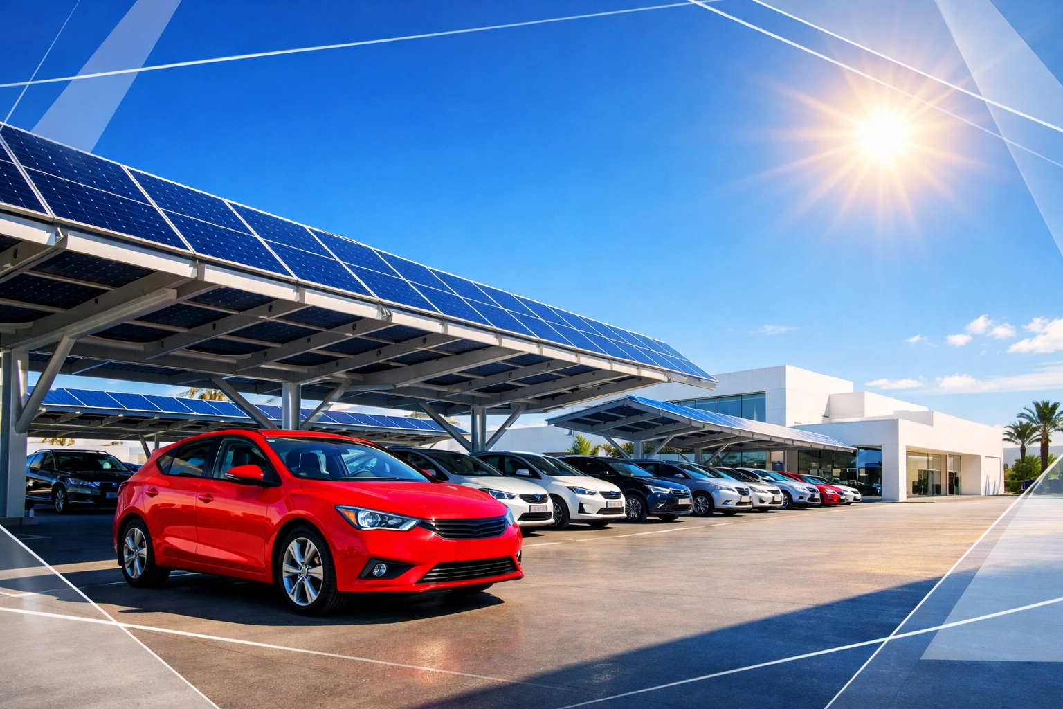 Ombrières photovoltaïques protégeant des voitures neuves dans une concession automobile en Tunisie.