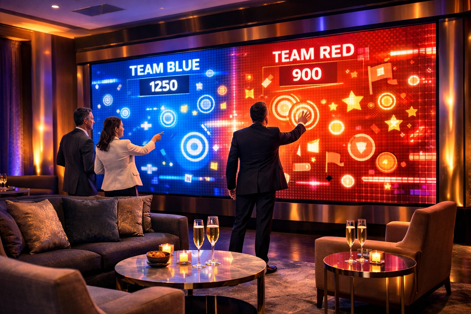 Interactive LED wall technology at corporate Super Bowl entertainment venue