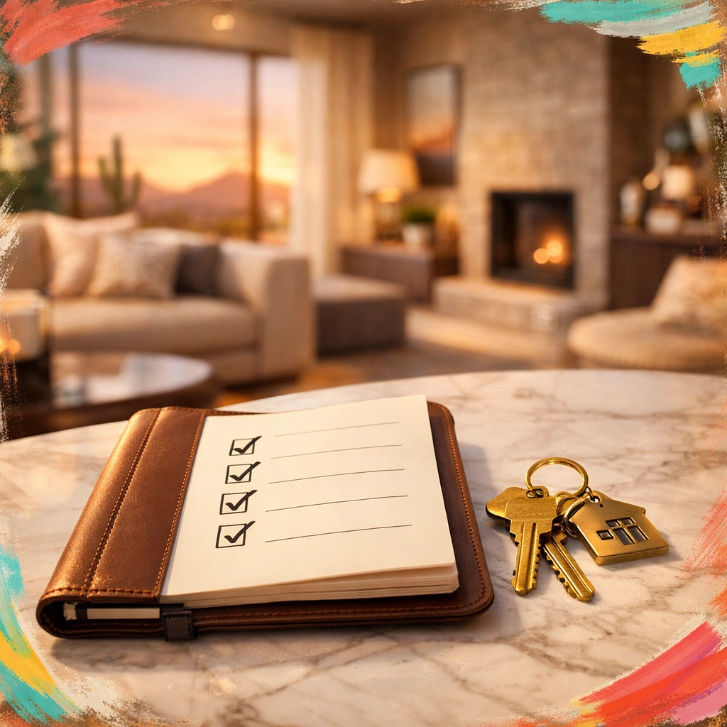 Real estate checklist and house keys in a staged Arizona home ready for a flat fee sale. Real estate checklist and house keys in a staged Arizona home ready for a flat fee sale.