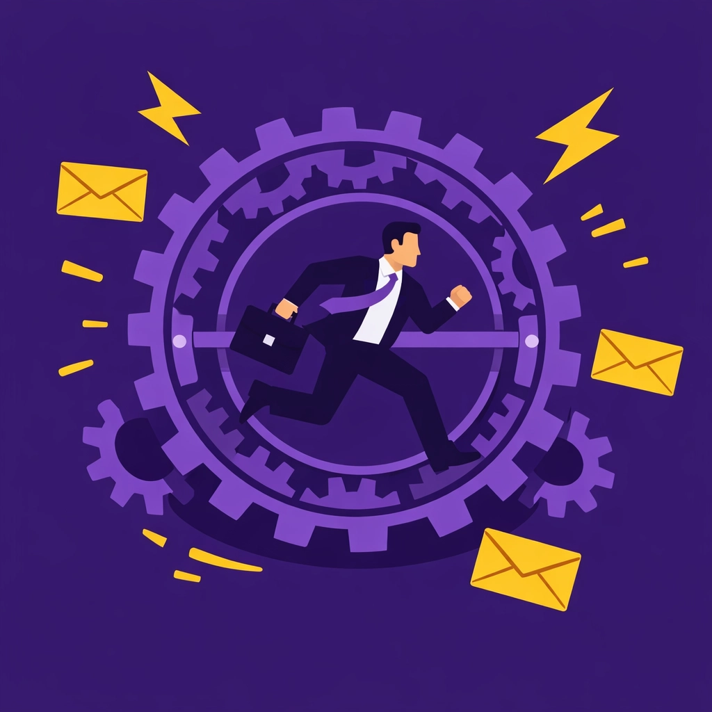 Illustration eines Geschäftsmannes im Hamsterrad als Symbol für zeitraubende Routineprozesse.