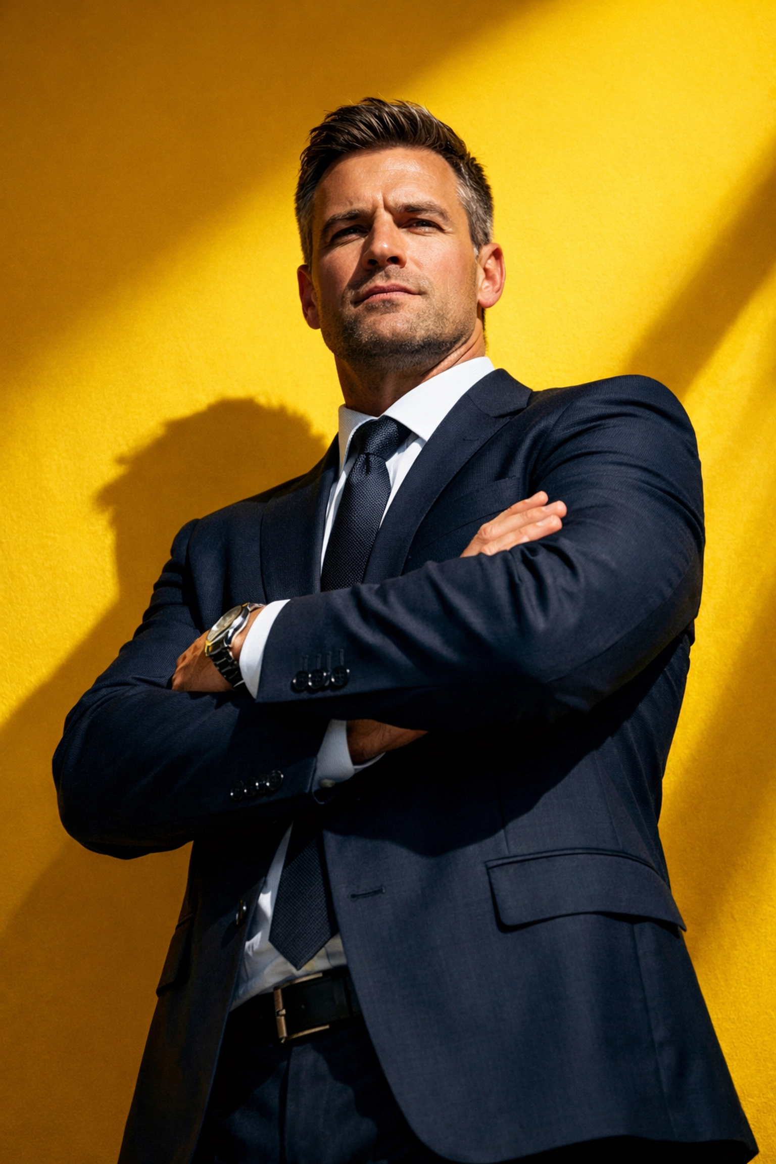 Confident business executive demonstrating podcast authority and leadership presence