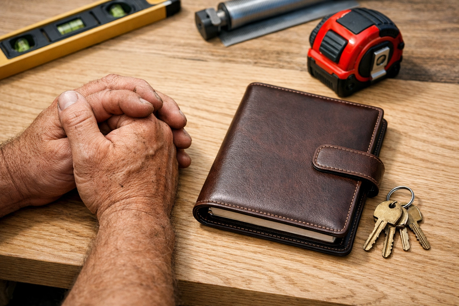 Working-class hands on a workbench with a planner, representing a custom debt freedom plan and asset armor.