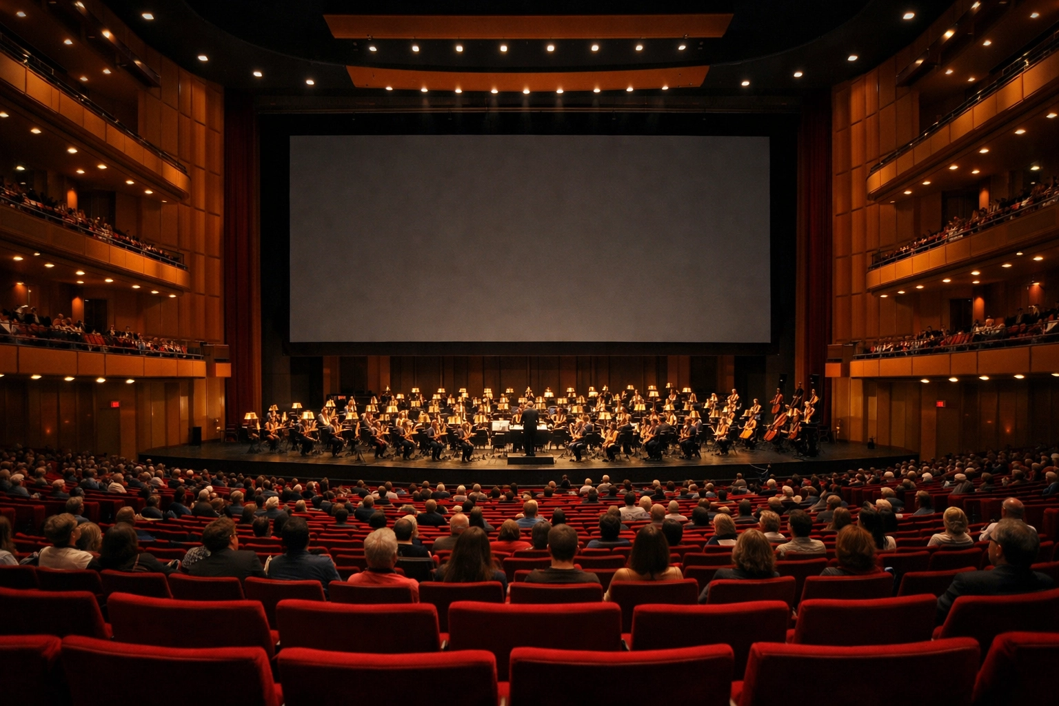 Symphony orchestra performing on stage at the grand Salle Wilfrid-Pelletier theater in Place des Arts.