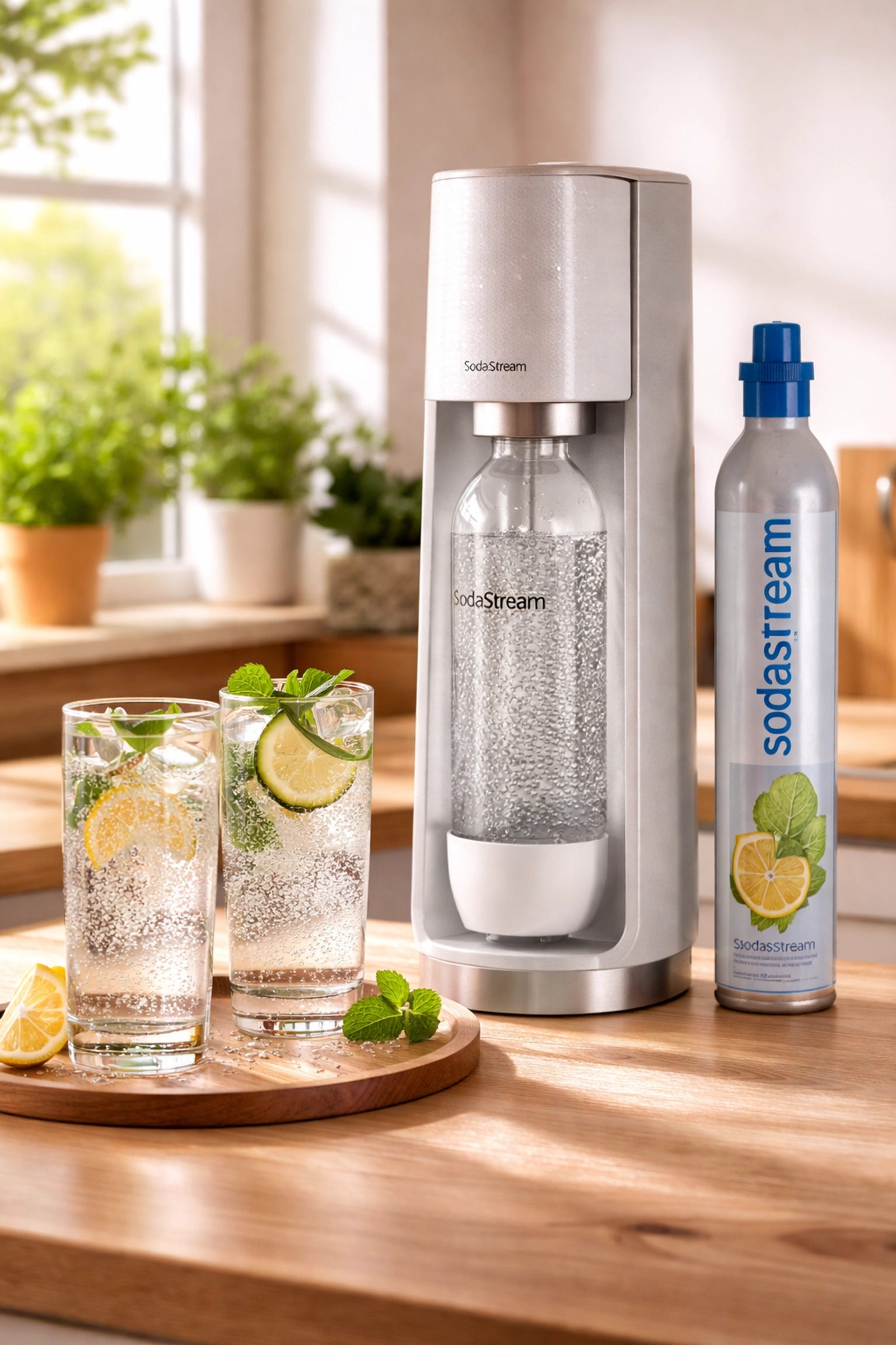 Home bar with SodaStream machine and CO2 cylinder, showing everyday use of carbon dioxide in drinks