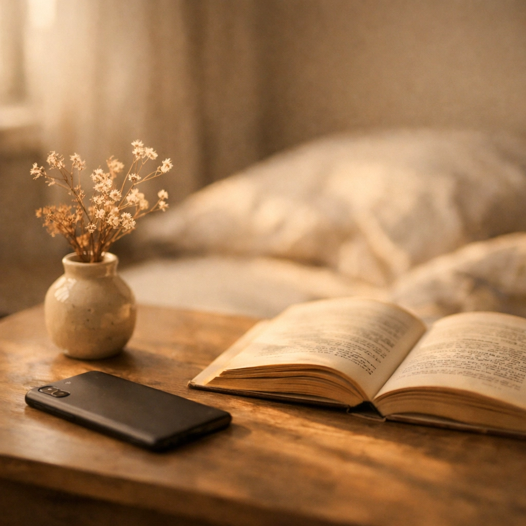 Éjjeliszekrény lefordított mobiltelefonnal, a pornófüggőség utáni valódi intimitást szimbolizálva.