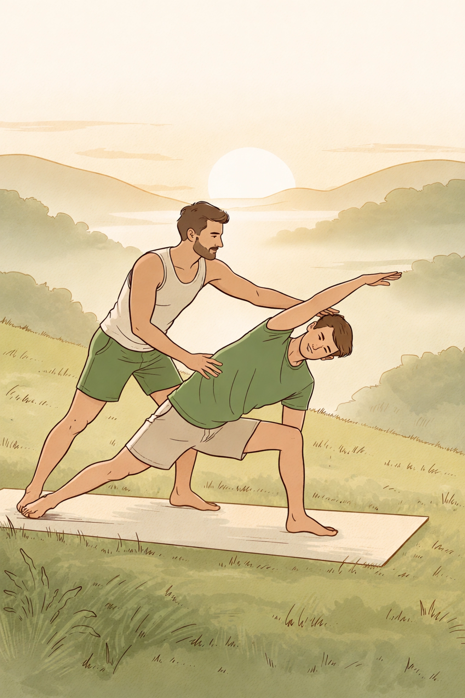 Male couple practicing yoga outdoors at sunrise, highlighting naturism’s benefits for wellness and vitality.