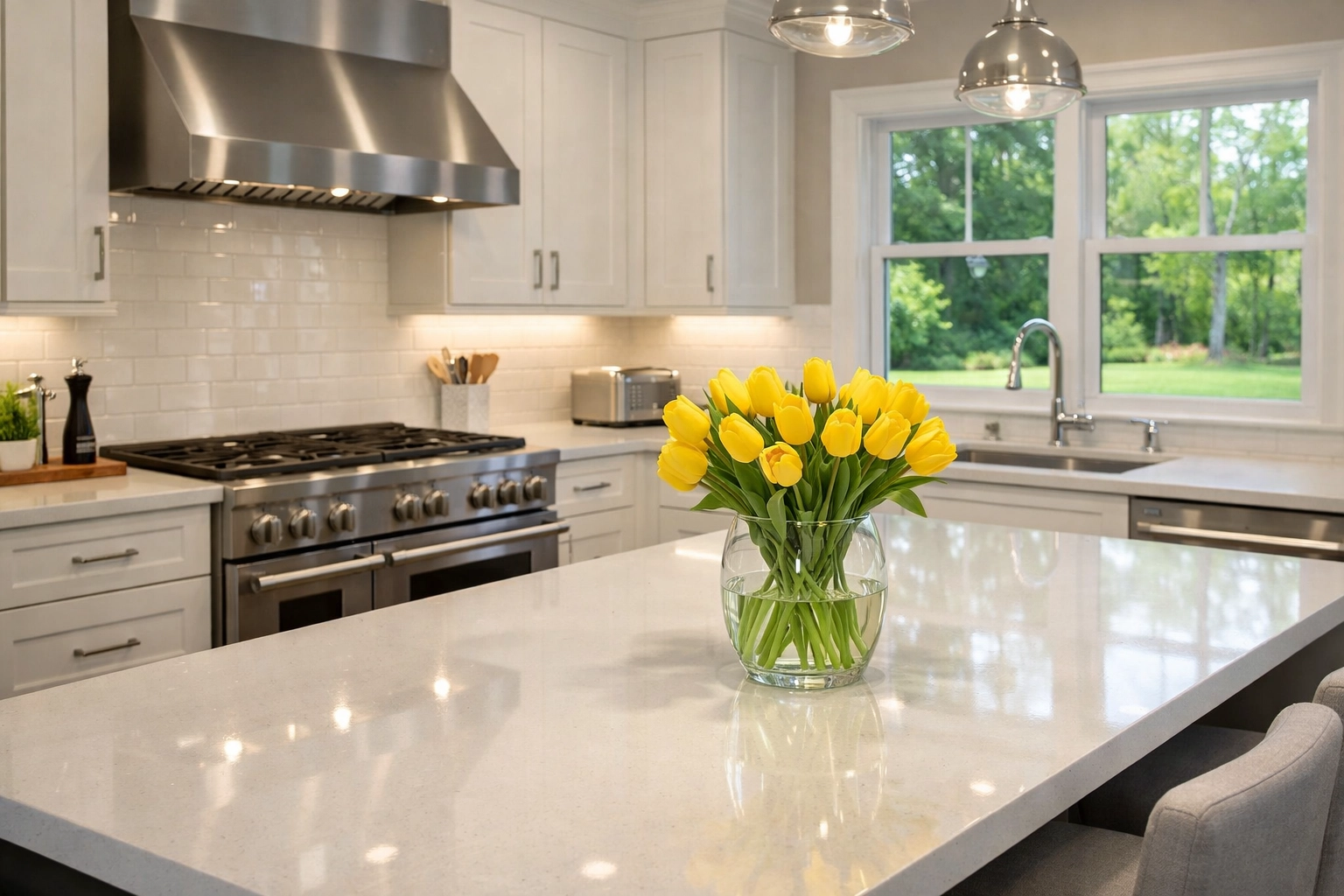 A sparkling white luxury kitchen after a deep house cleaning service in Southborough.