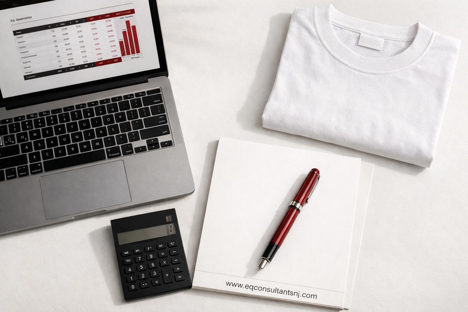 Laptop with financial spreadsheet and screen-printed shirt for accurate screen printing job costing.