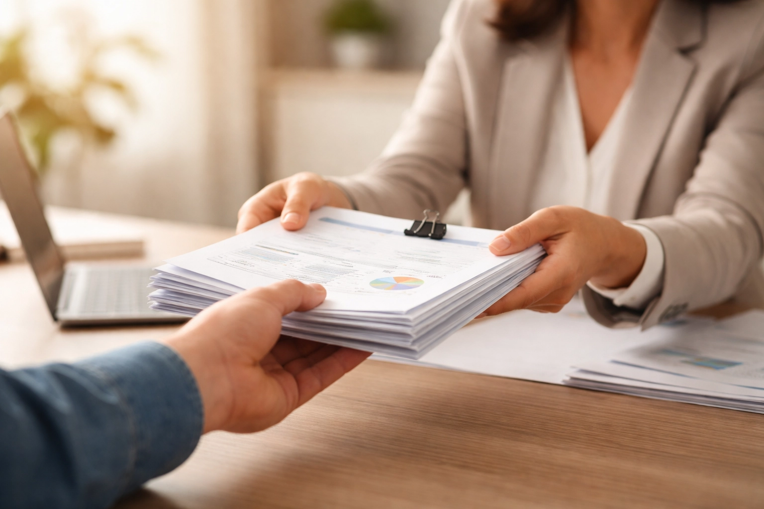 Hands exchanging organized financial paperwork, symbolizing the collaborative support of professional bookkeeping services.