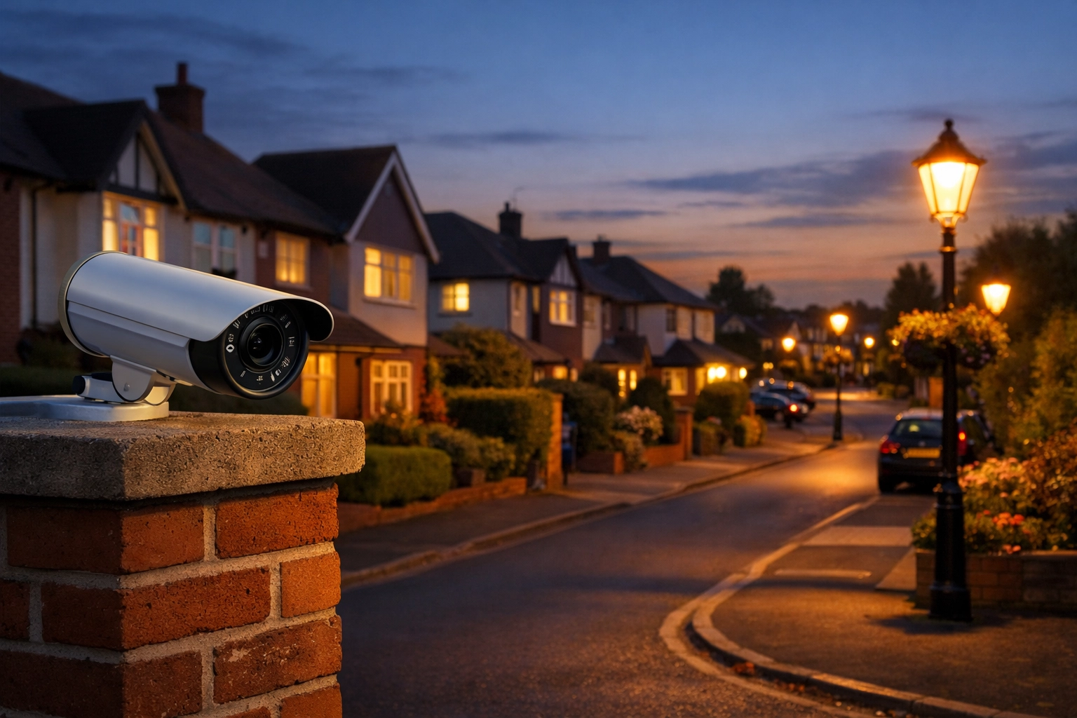 A discrete CCTV camera providing 24/7 security for a quiet residential street in the Slough area.