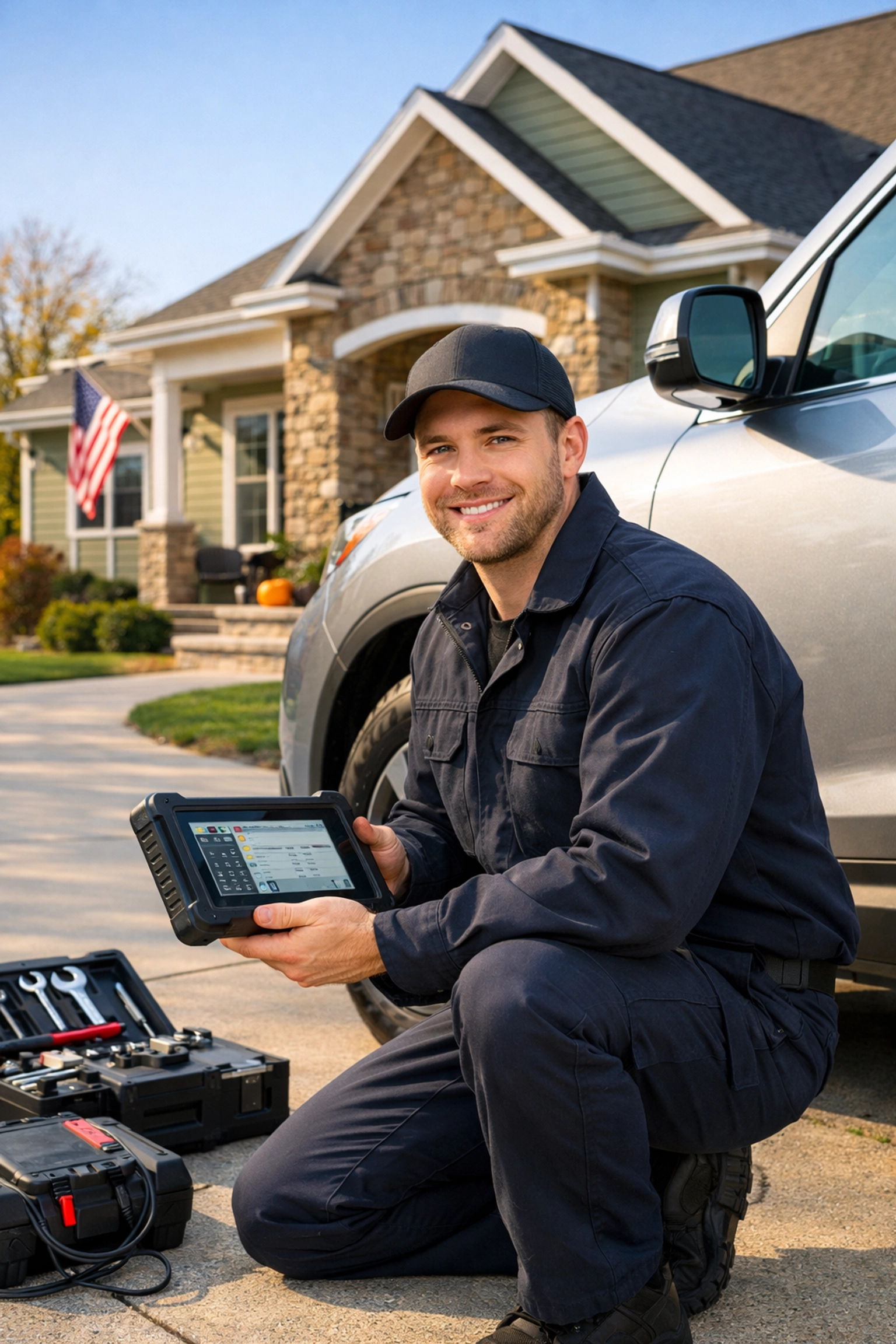 A professional mobile mechanic using a diagnostic tablet to service a car in a Green Bay driveway.
