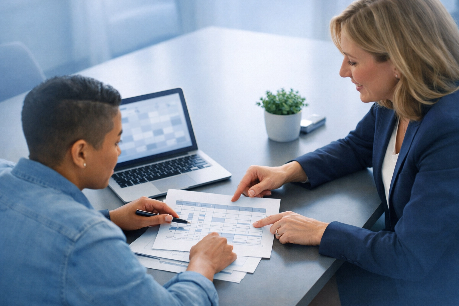 Attorney and parent collaborating on a child custody schedule in a modern Virginia law office.