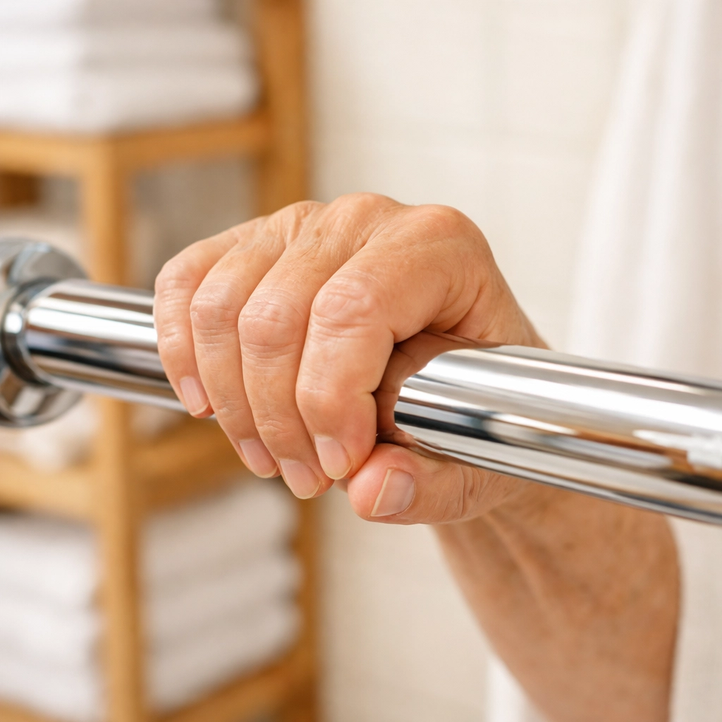 Close-up of a senior person using a chrome grab bar for balance and safety in the bathroom.