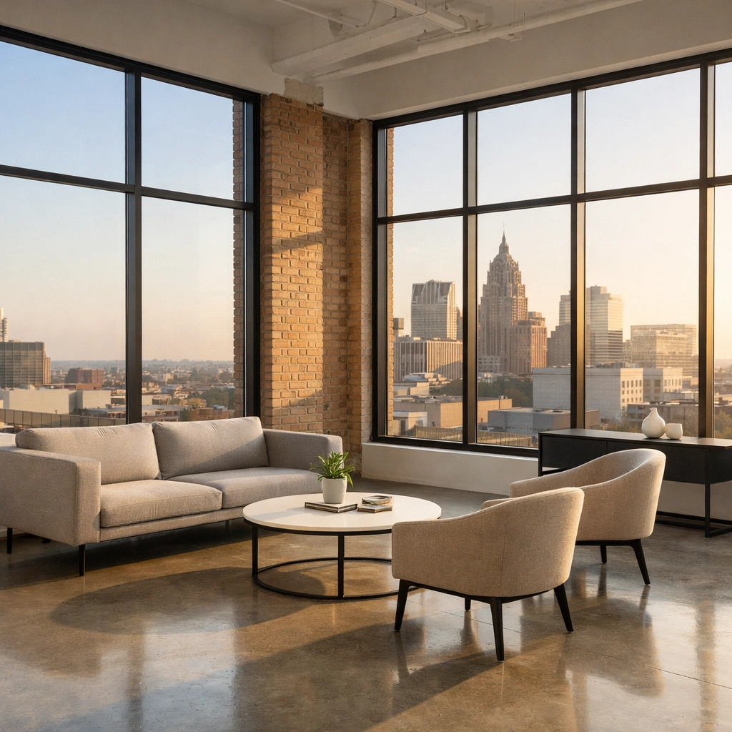 Immaculate modern office lounge in a renovated Detroit building after a professional cleaning.