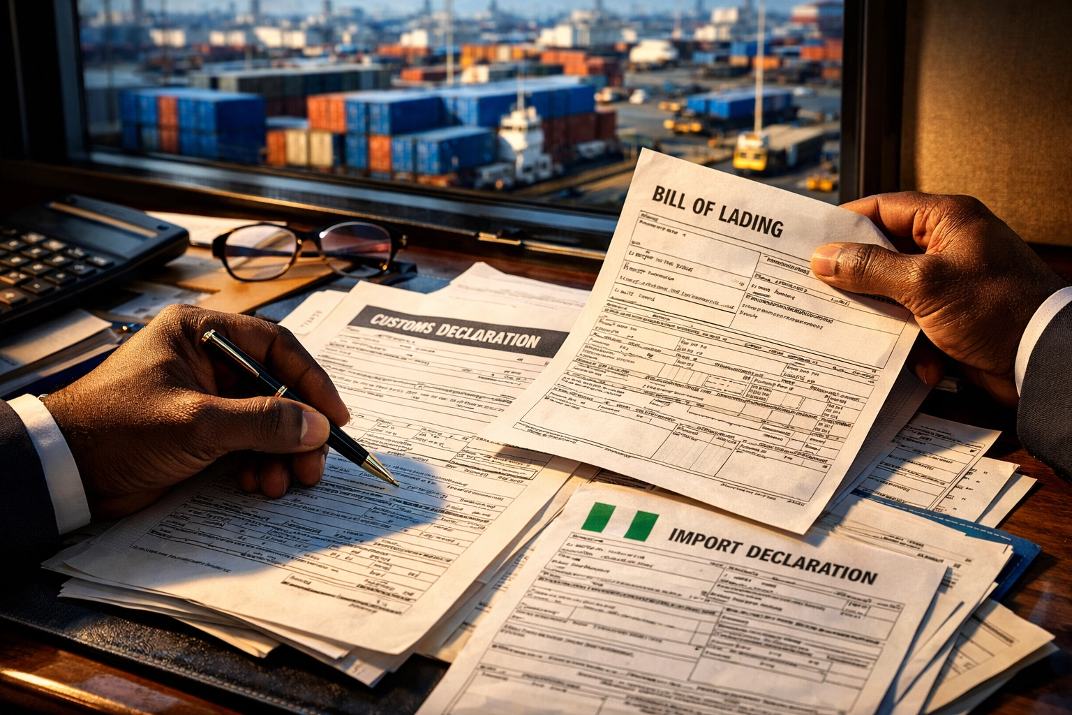 Customs documentation and shipping containers at Nigerian international seaport