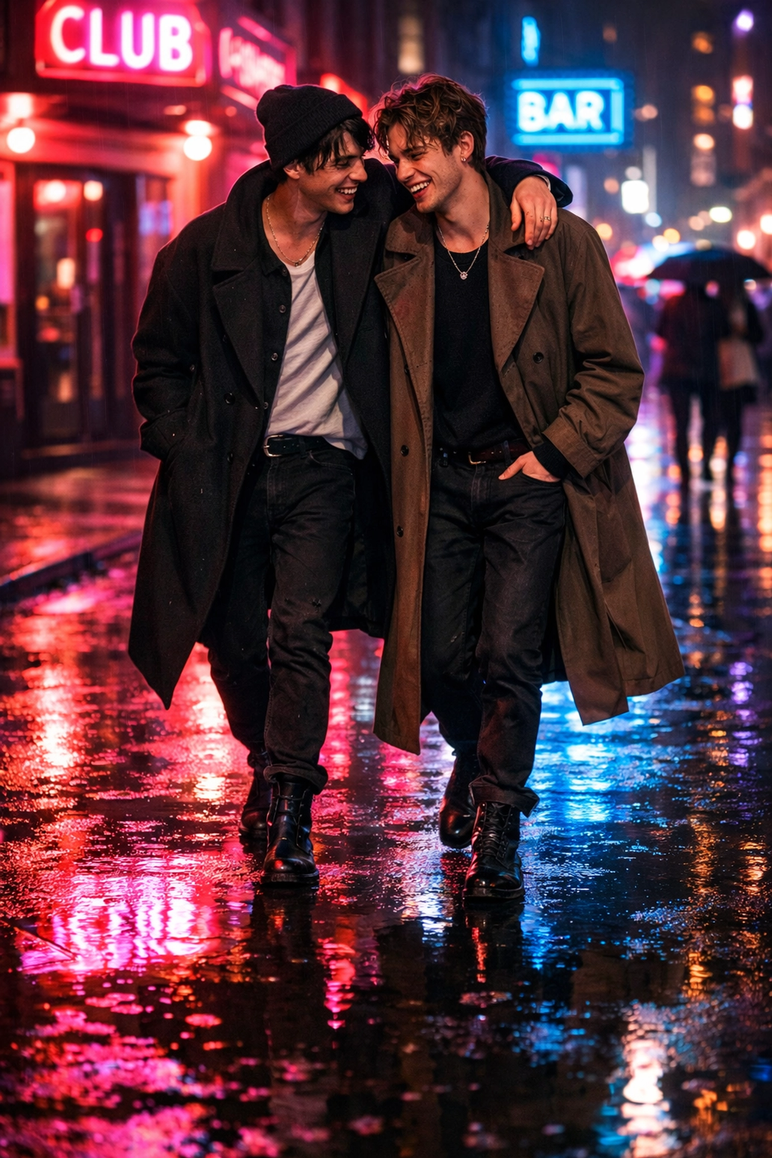 A stylish gay couple laughing together on a city street at night, capturing the authentic spirit of MM romance novels.