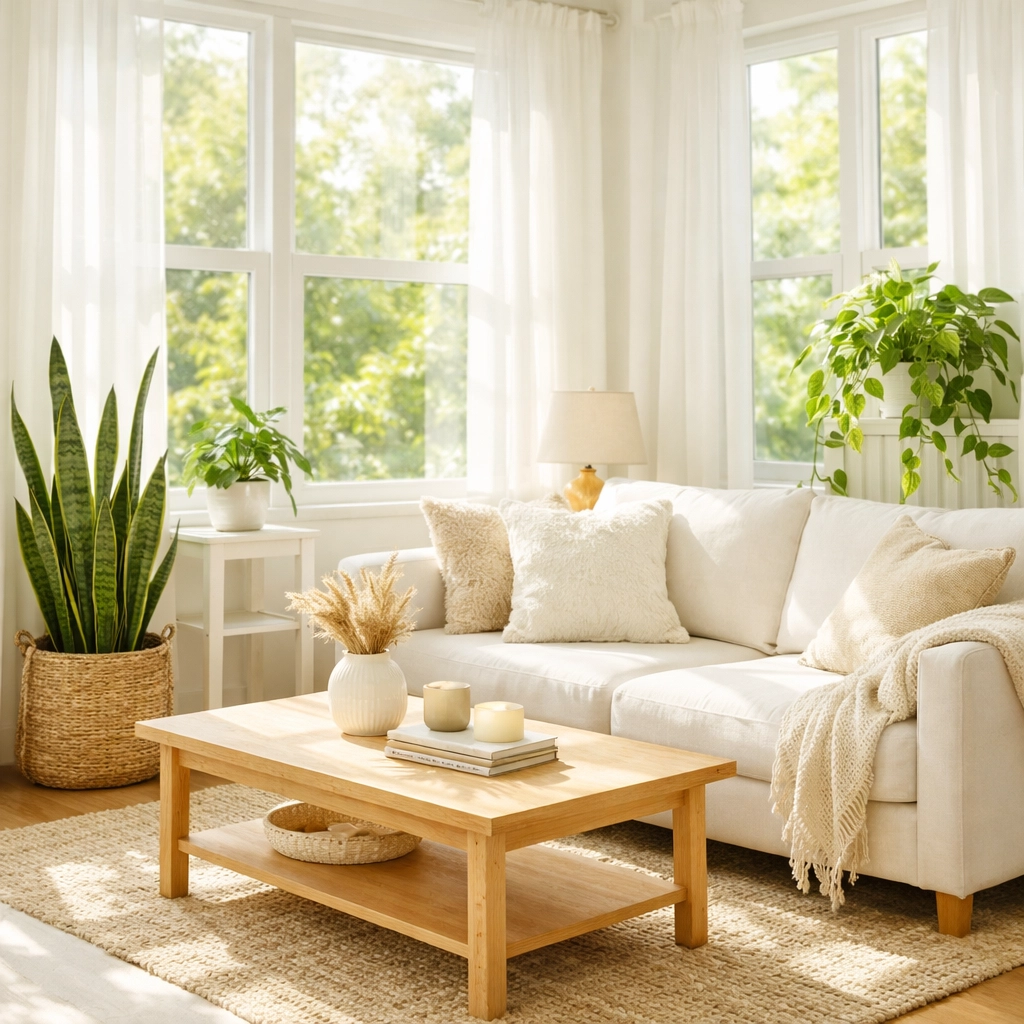 Bright small living room with natural light and low-maintenance plants by windows
