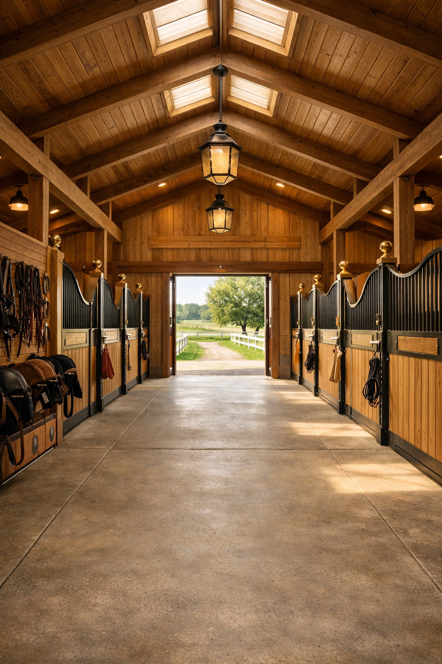 Well-designed horse barn interior with stalls and center aisle in Waxhaw property