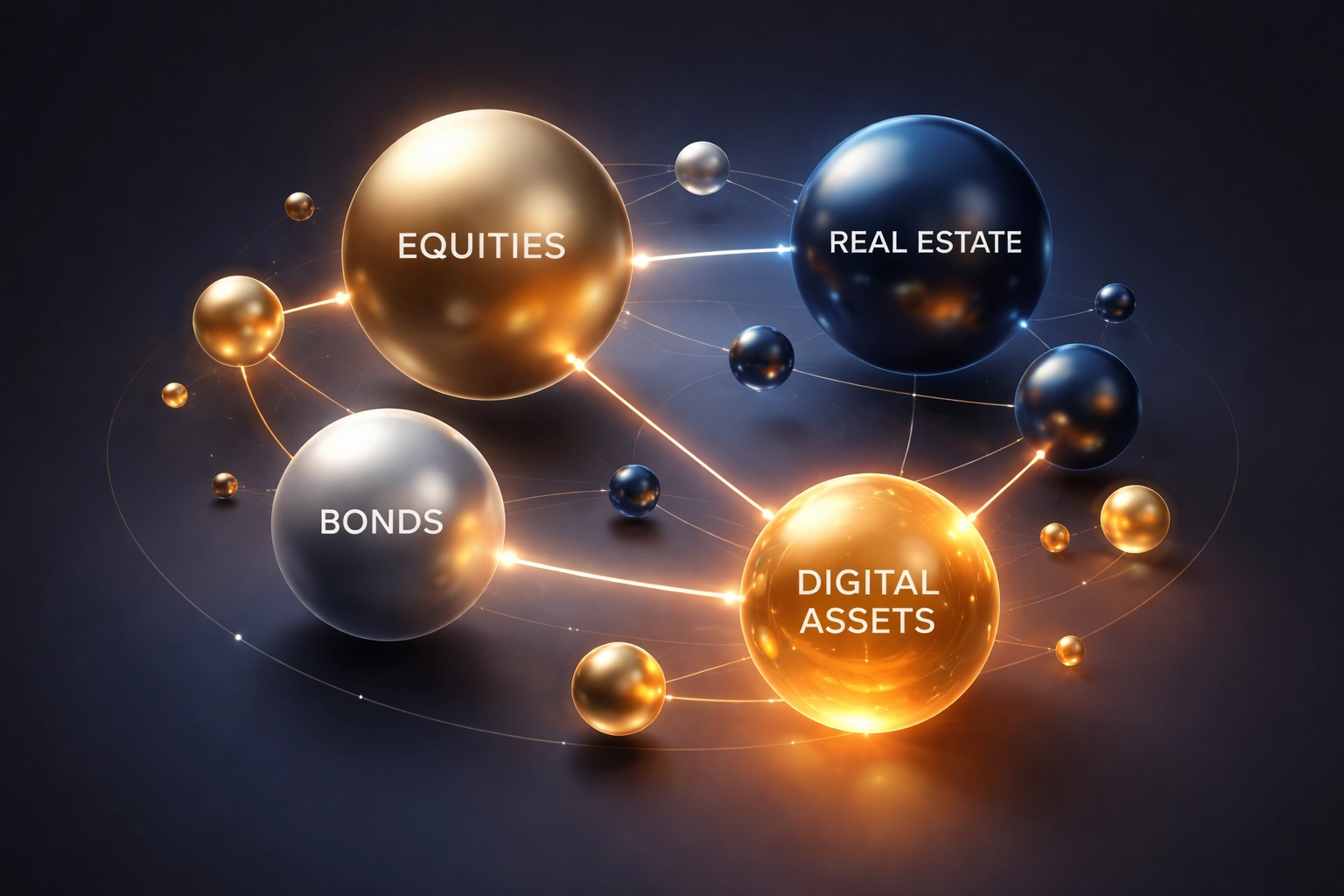 Visual representation of diversified investment portfolio with equities, bonds, real estate, and digital assets for accredited investors