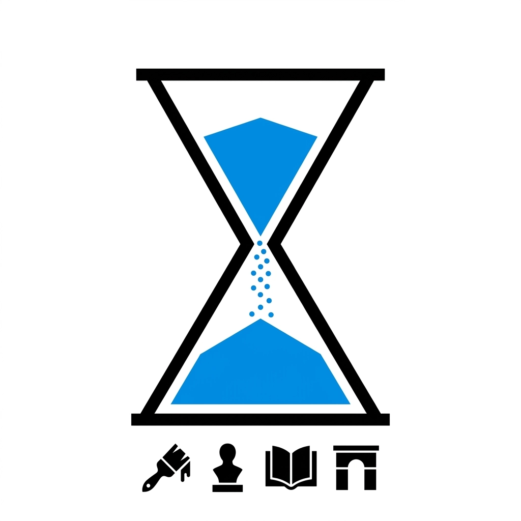 A minimalist hourglass icon on a bright white background with blue sand, symbolizing the technical consideration of time and longevity in tattoo art.