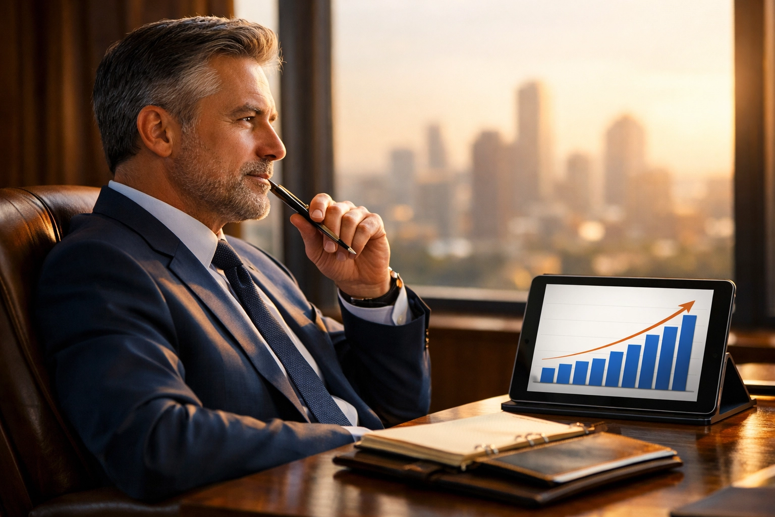 Executive leader in office reflecting on executive benefits and financial planning for talent retention.