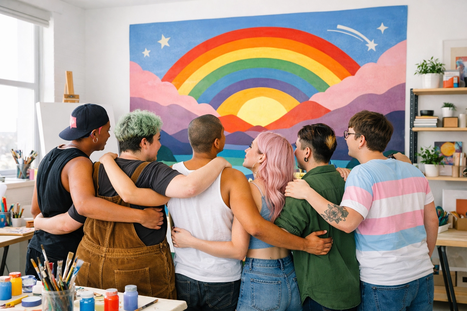 A diverse group of queer and trans artists in a studio, symbolizing found family and community.