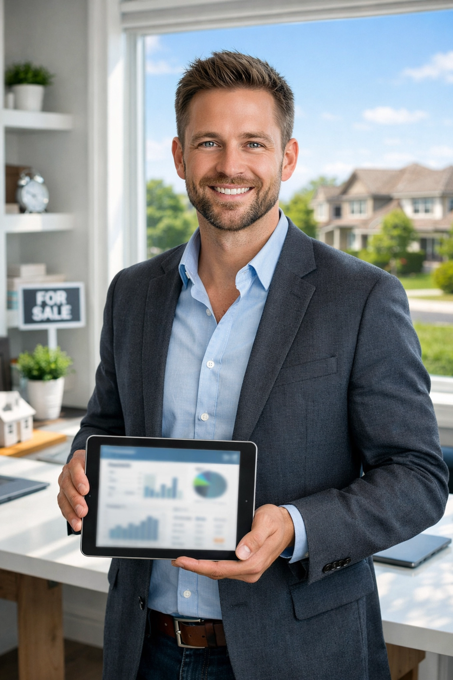 Realtor in Peoria AZ office using AI technology to analyze local housing market data.