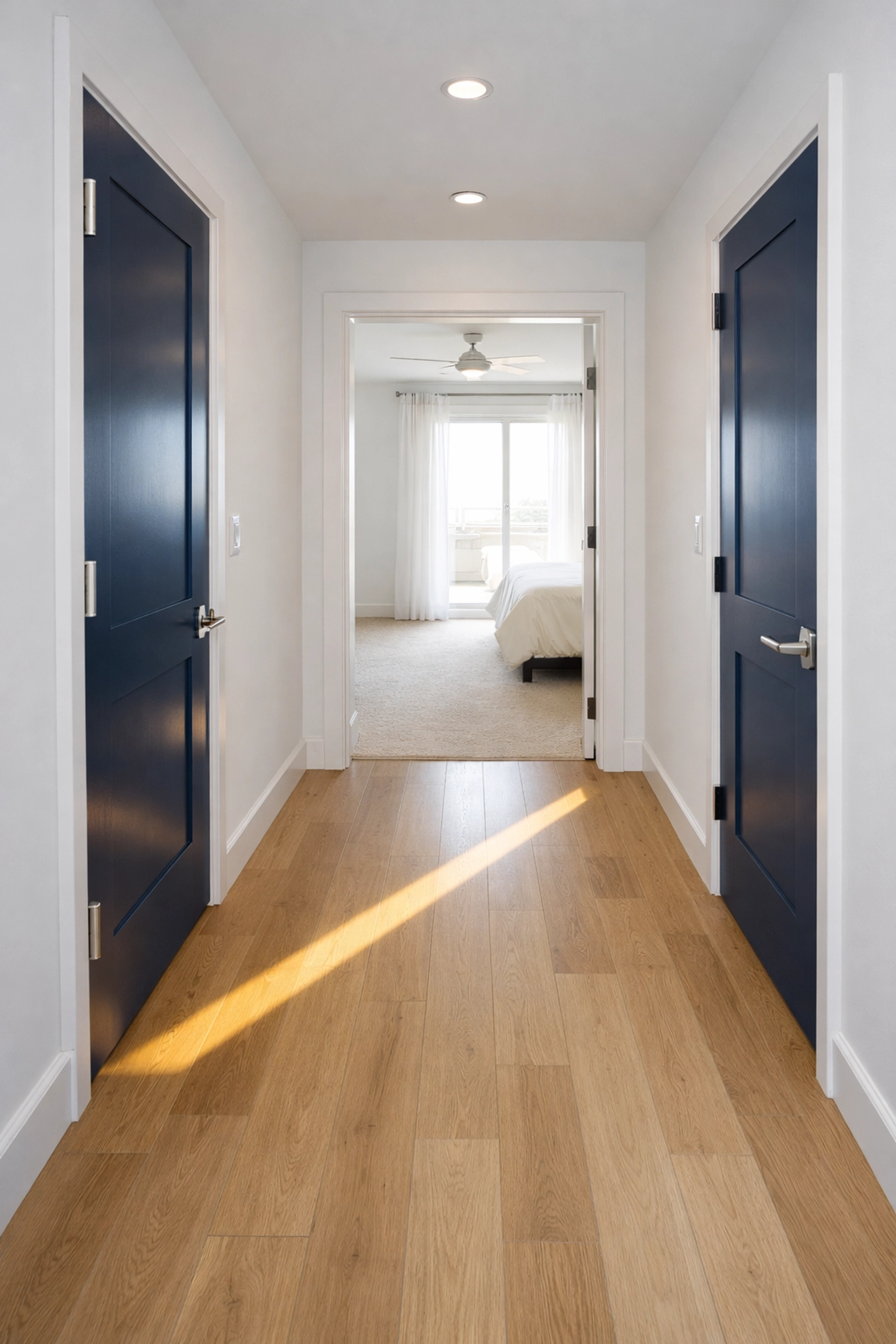 Pristine empty apartment hallway and bedroom prepared with professional move-in cleaning services.