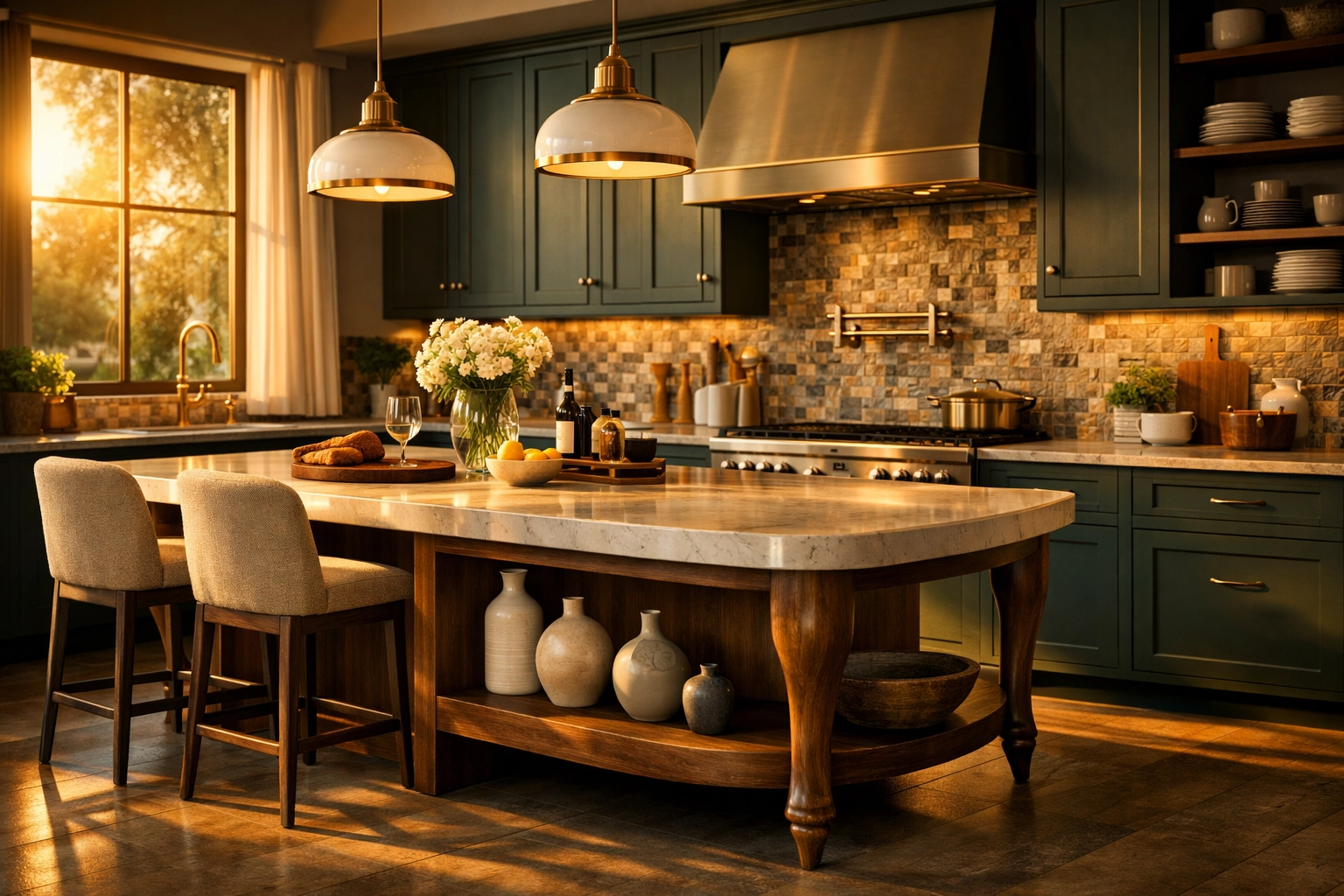 Forest green kitchen design featuring a sculptural walnut island and mosaic tile backsplash visualization.
