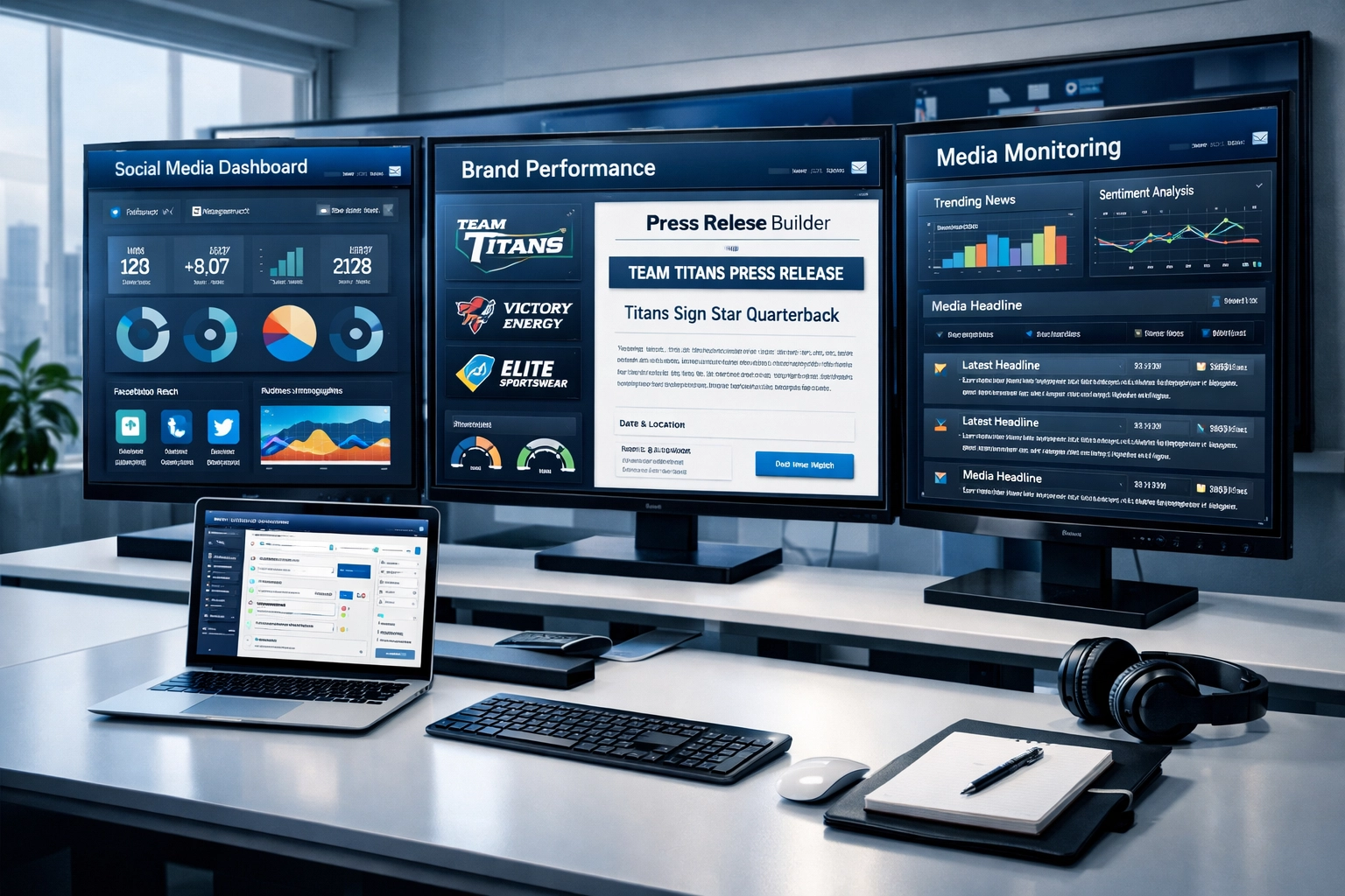 Multi-brand press release automation workspace with digital dashboards for sports industry communications