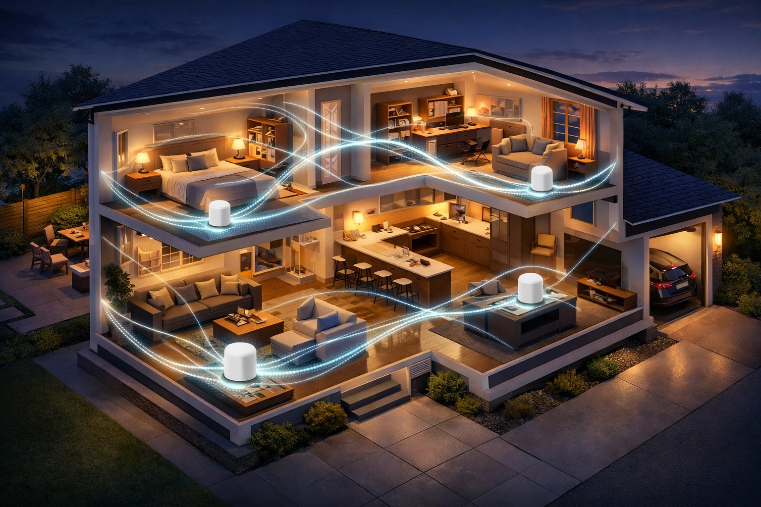Mesh Wi-Fi network nodes providing seamless high-speed internet coverage across a two-story home.