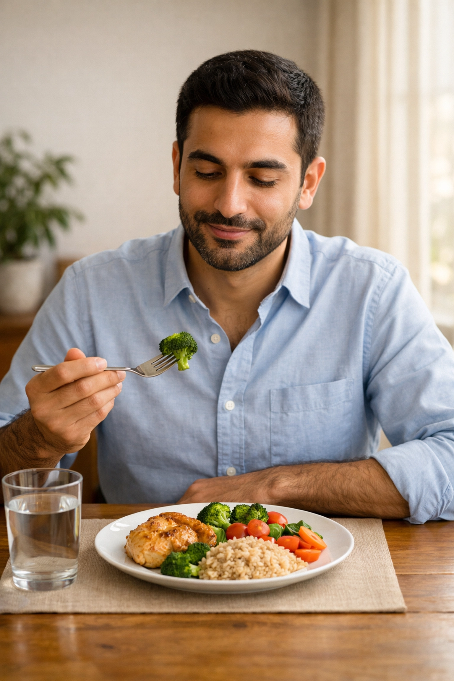 Man practicing portion control at lunch with balanced meal for sustained energy